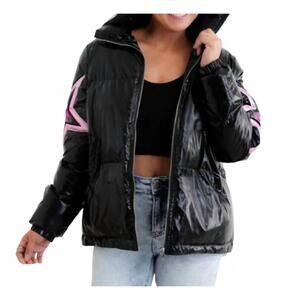 NEW FANTASTIC FAWN star metallic puffer jacket in black